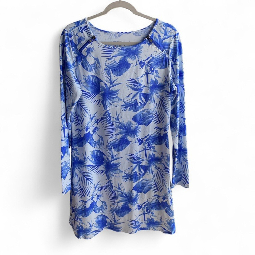 BANANA BOAT Blue White Floral Zip Shoulder UPF 50+ Long Sleeve‎ Dress Size Large - Picture 2 of 6